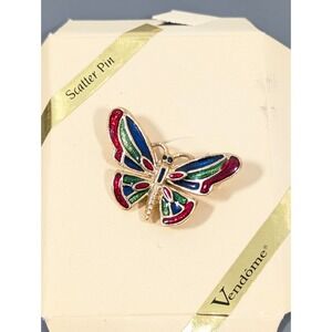Vintage Vendome Butterfly Scatter Pin Brooch Red Blue Enamel Gold Tone
